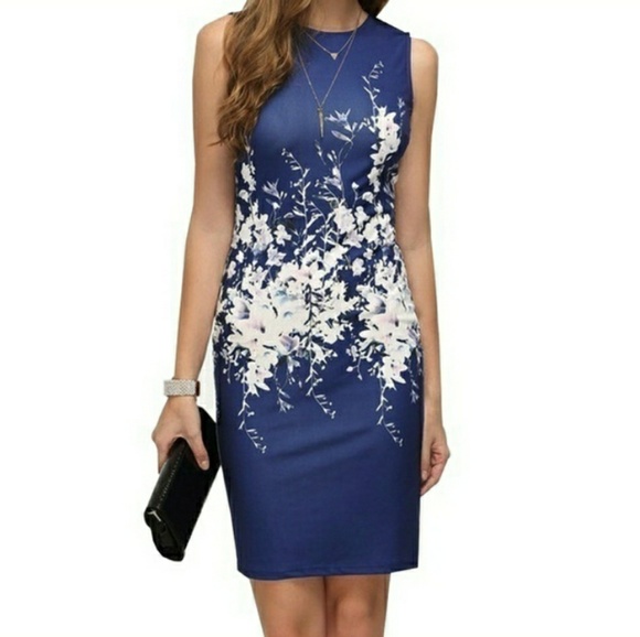 Poshology Dresses & Skirts - Blue Floral Sleeveless Bodycon Dress